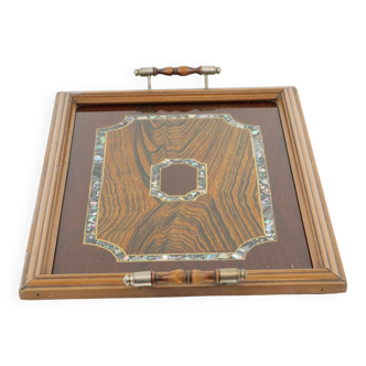 Vintage wooden tray glass opal 1960s plateau 43x30cm