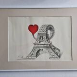 Offset lithograph signed by Mario Astrit Repage - Stylized representation of the Eiffel Tower with c