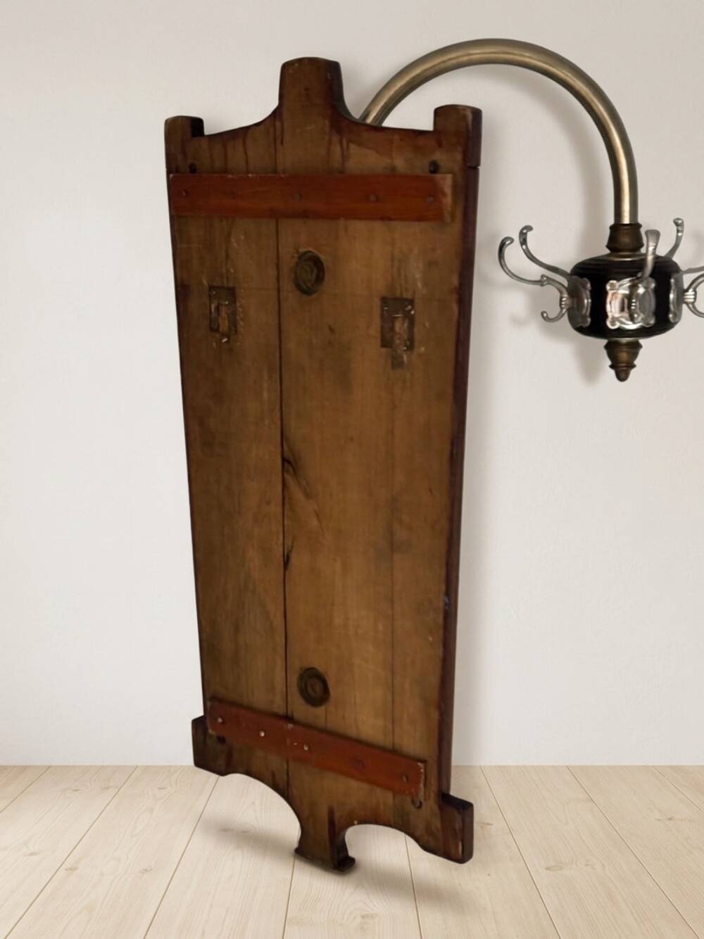 Vintage coat rack mid-century wooden rack with metal hooks, 55 × 40 × 92 cm