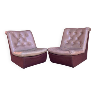 Pair of Mid-Century armchairs in brown leather and fabric, 1960s, Czech Republic.