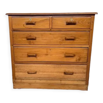 Commode vintage moderniste à 5 tiroirs en bois massif