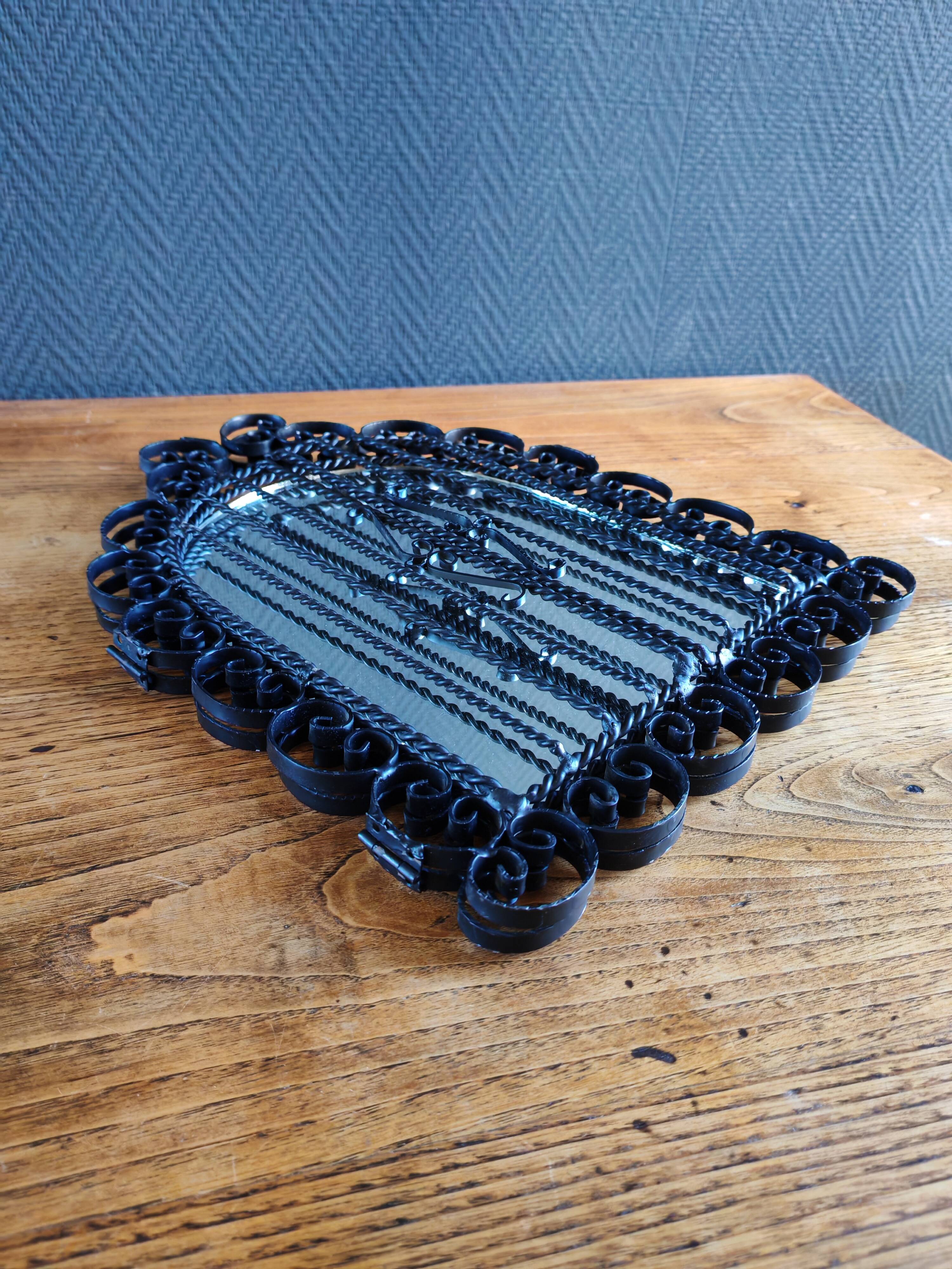 Vintage Black Wrought Iron Triptych Mirror