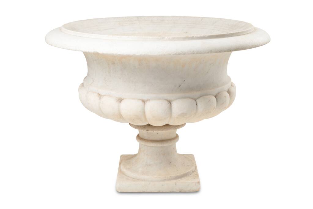 Medici vase with a gaudrooned body and flared marble neck. Circa 1880