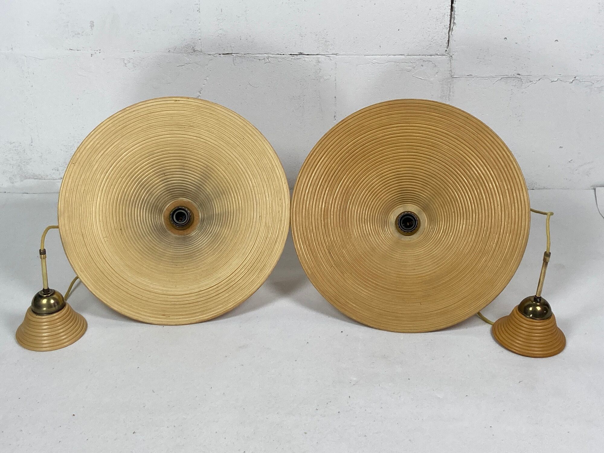 Pair pencil reed rattan bamboo and brass pendants, Italy 1970s