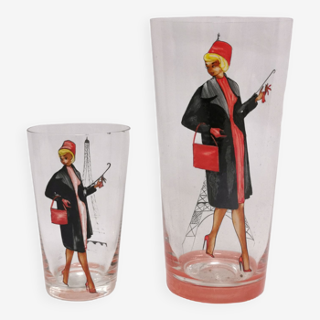 2 glasses vintage painted décor. motif woman pin'up france parisian fashion. years 50