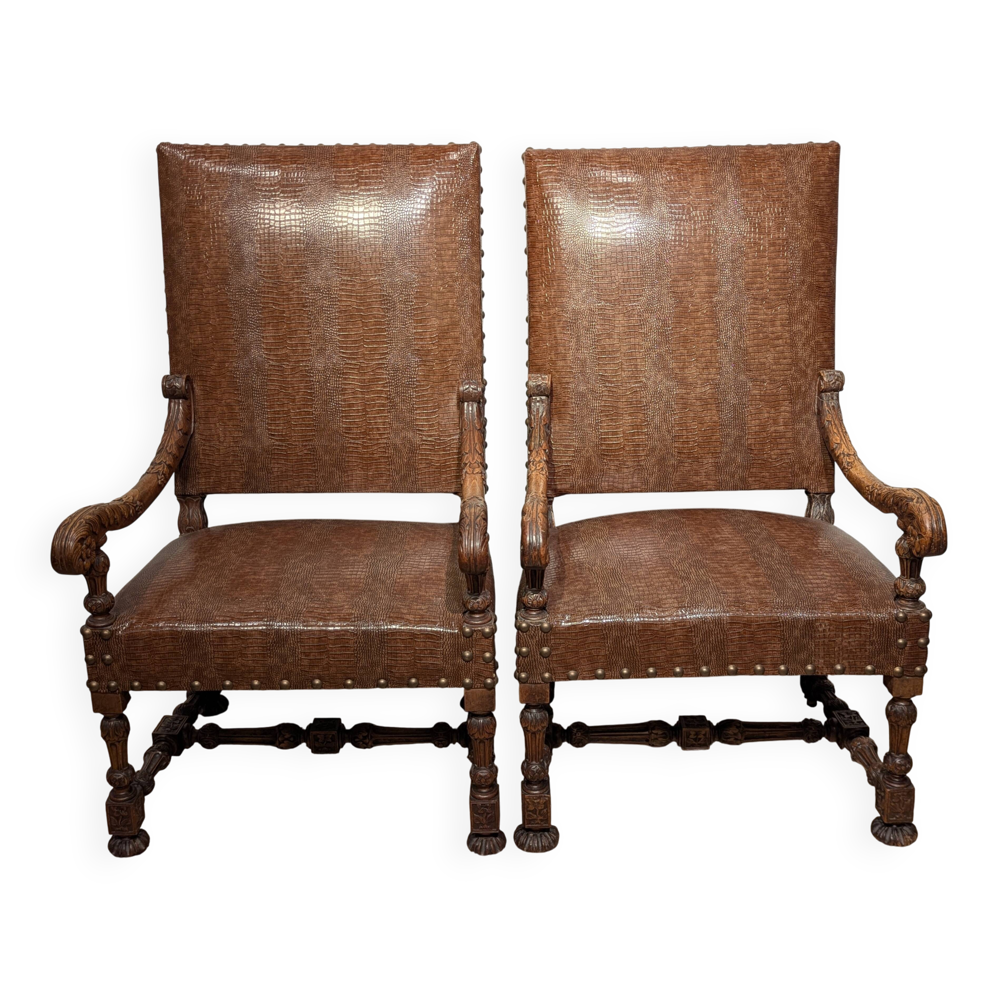 Pair of Louis XIII armchairs, 19th century