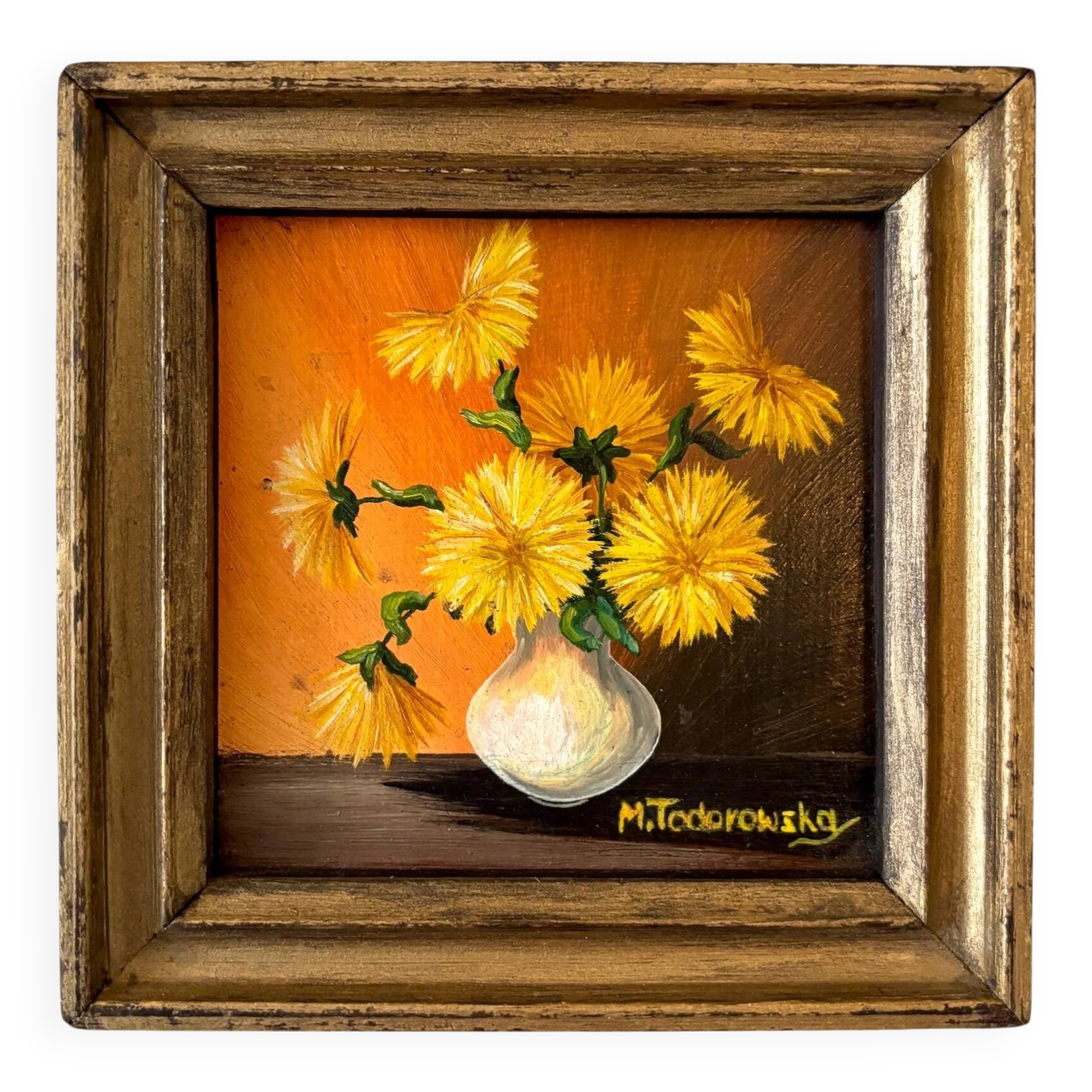 Framed painting on wood - yellow flowers