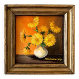 Framed painting on wood - yellow flowers