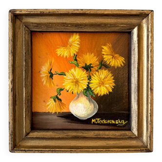 Framed painting on wood - yellow flowers