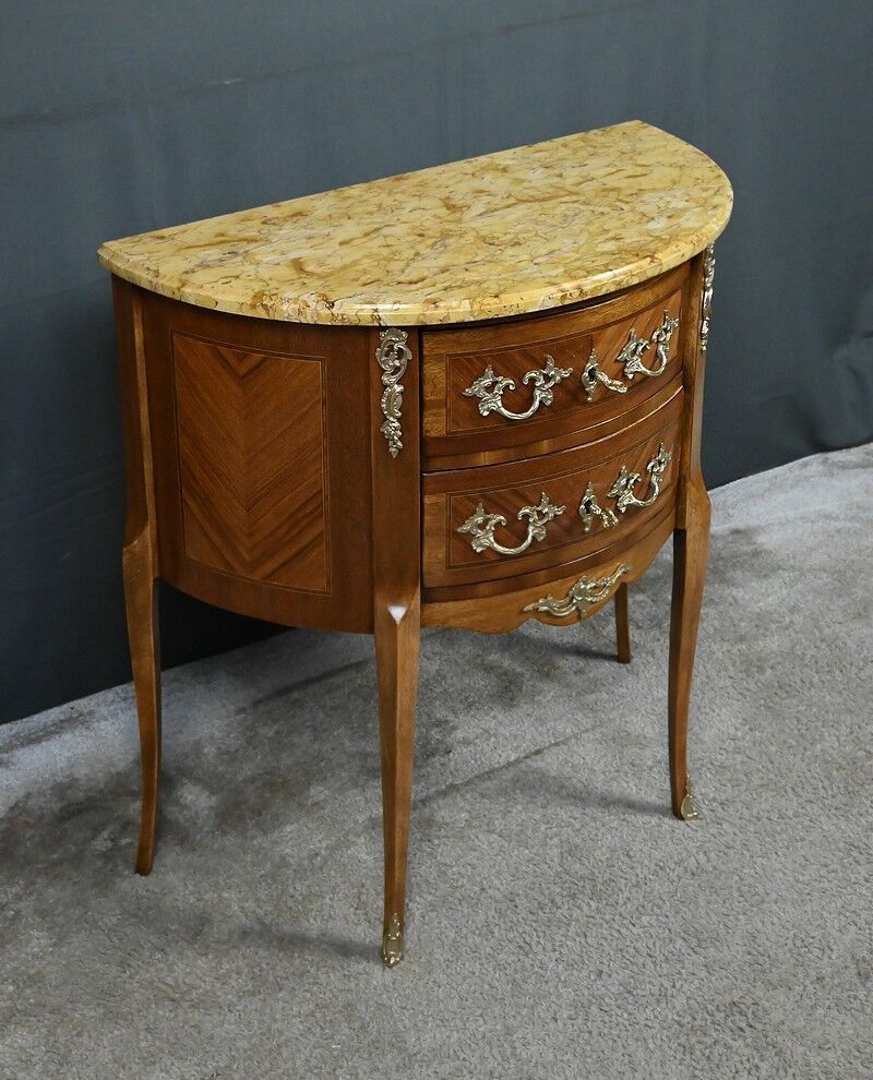 Small demi-lune jump commode in marquetry, transitional style between Louis XV and Louis XVI – early 20th century.