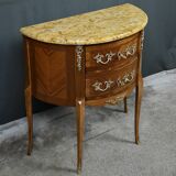 Small demi-lune jump commode in marquetry, transitional style between Louis XV and Louis XVI – early 20th century.