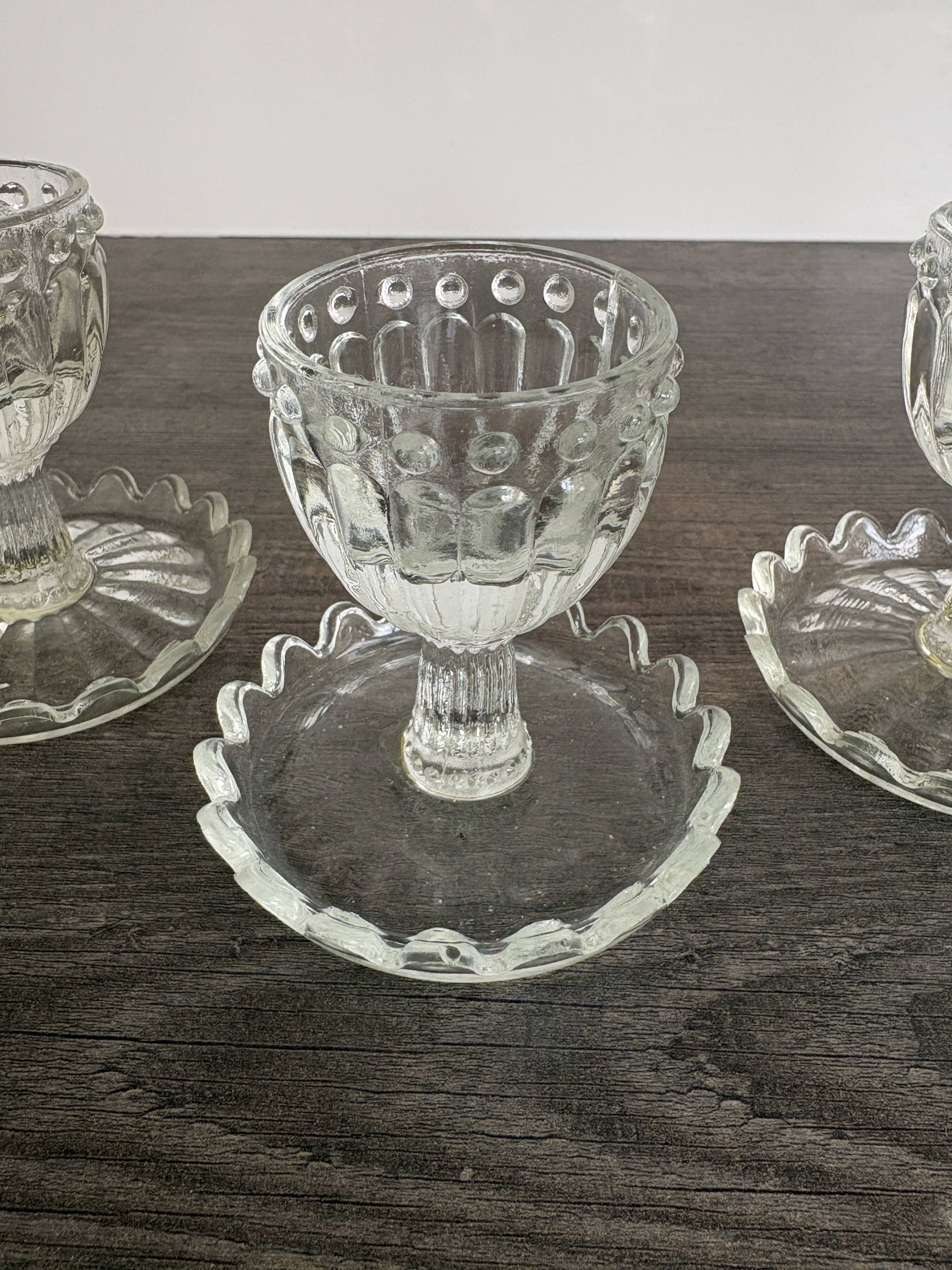 Set of 3 Vintage Glass Egg Cups in Diamond Point Style