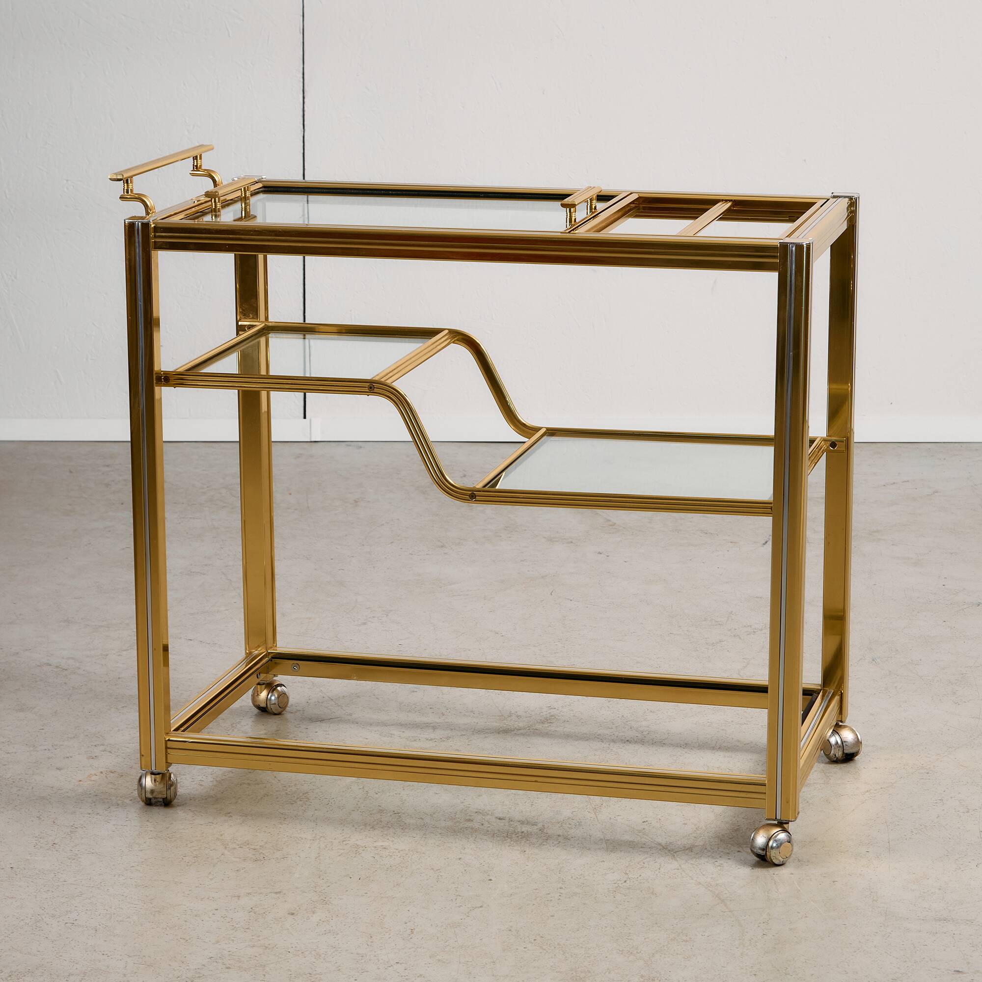 Bar Cart in Gold and Chrome with Glass Shelves, 1970s