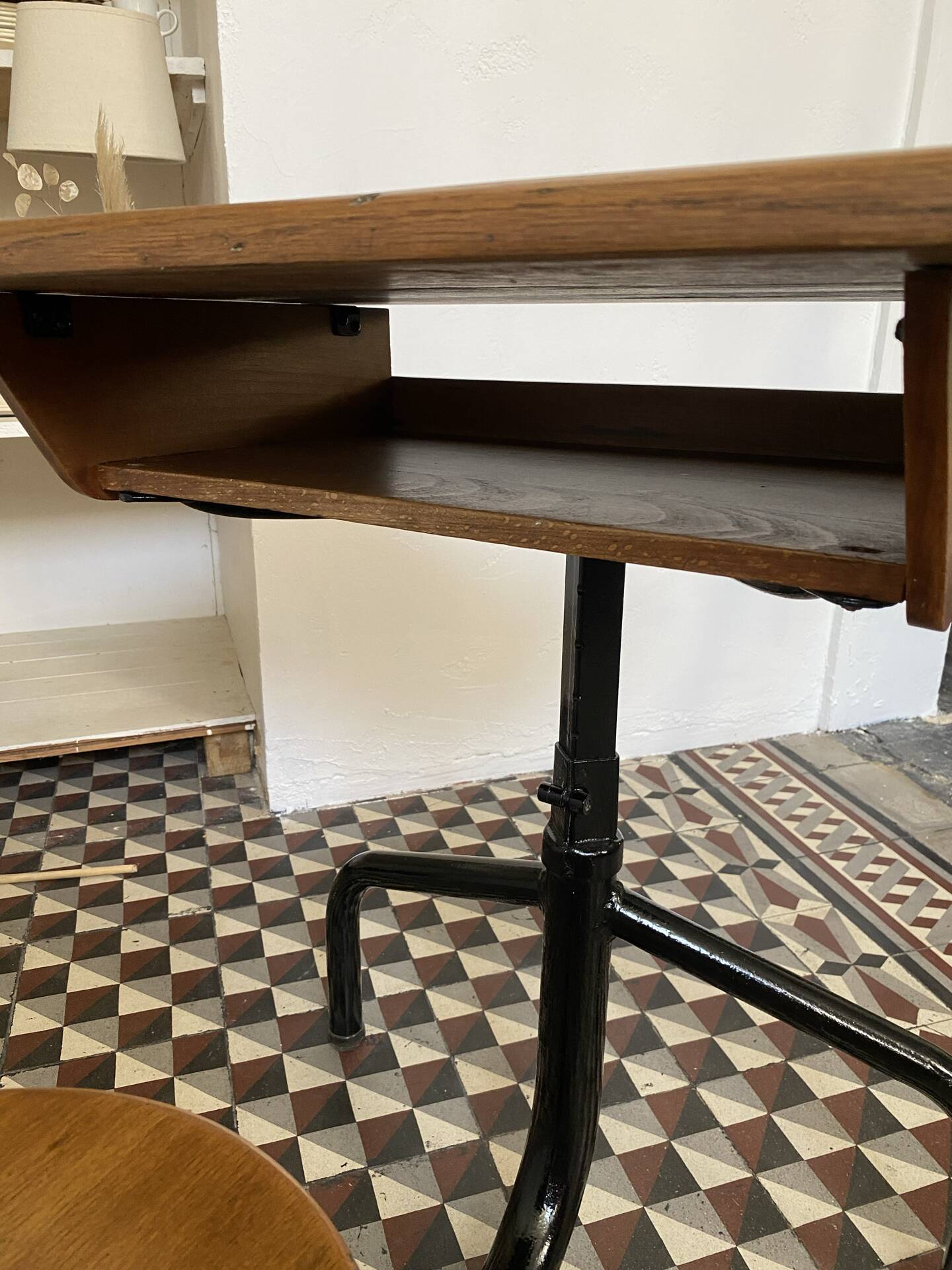 Old school desk with integrated chair – oak and metal – year