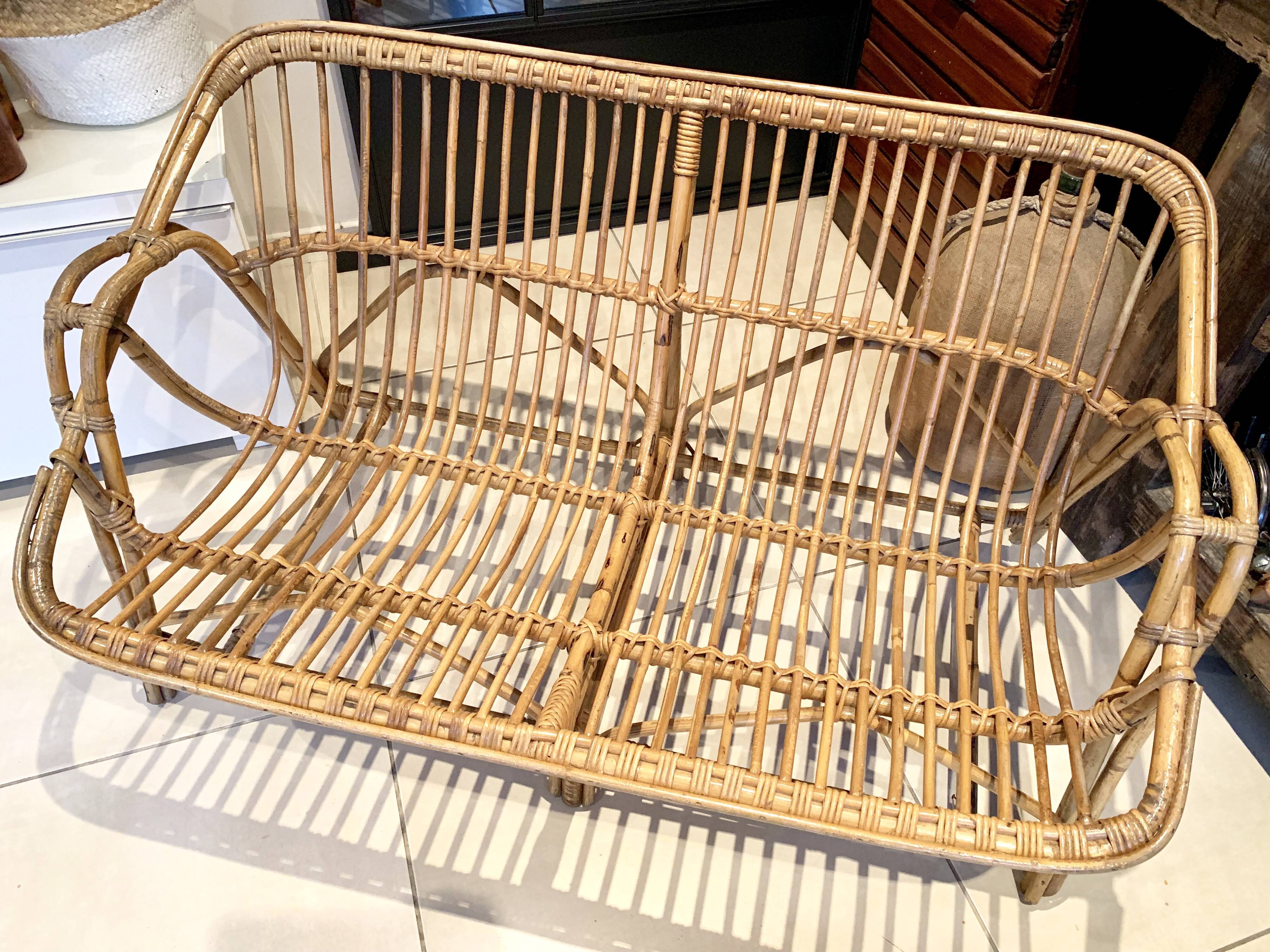 Vintage rattan bench sofa