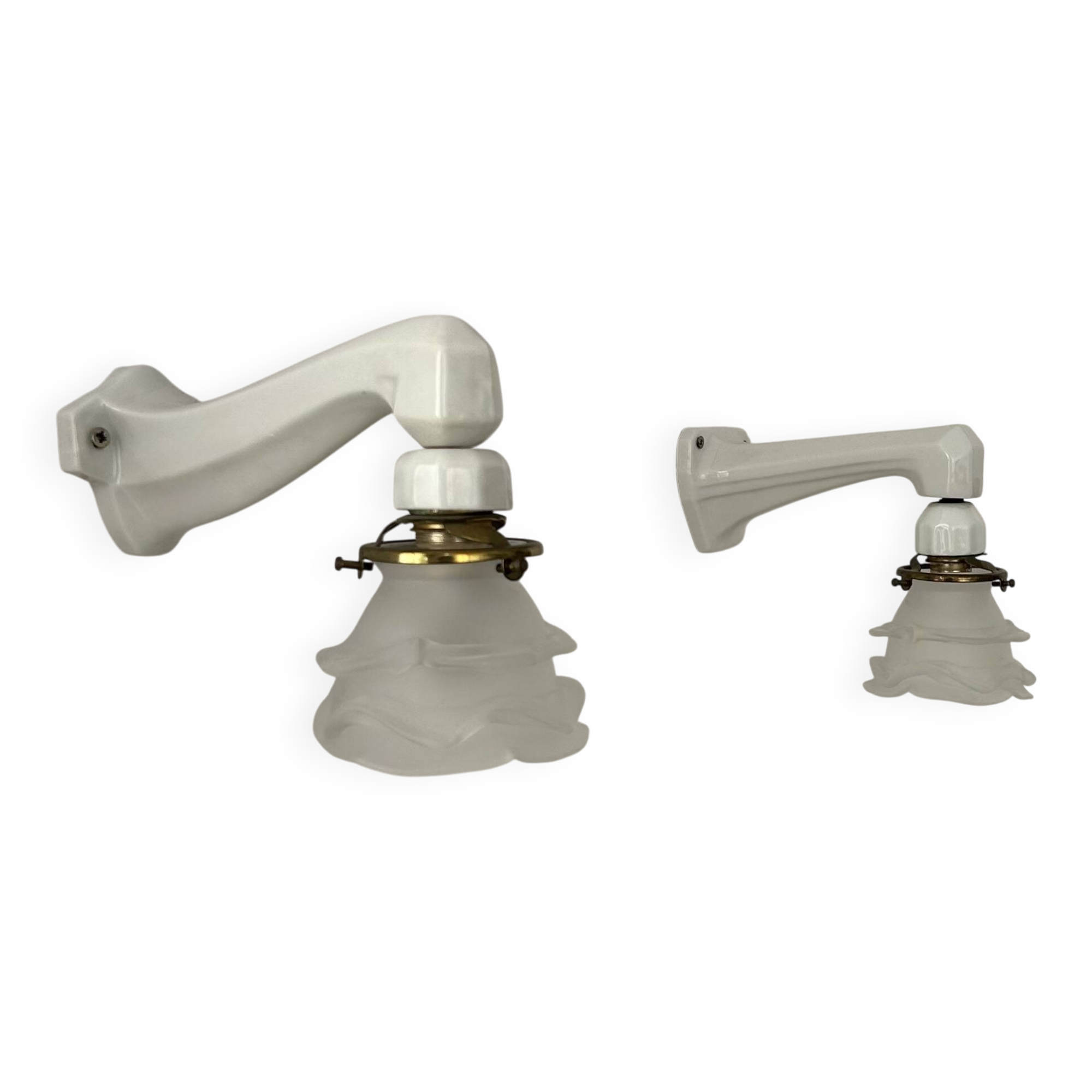 Pair of vintage art deco wall lights, porcelain and sandblasted glass, France 1930