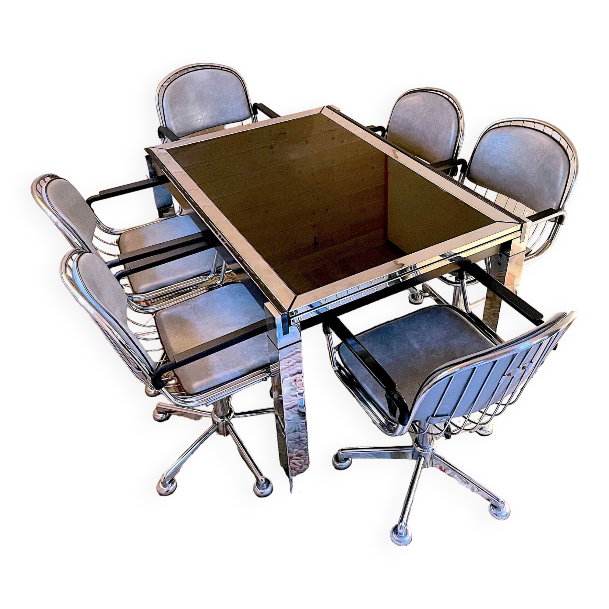 Chrome dining room set, La Metal Arredo and Moltoni&Co, 6 chrome chairs and table, Italy