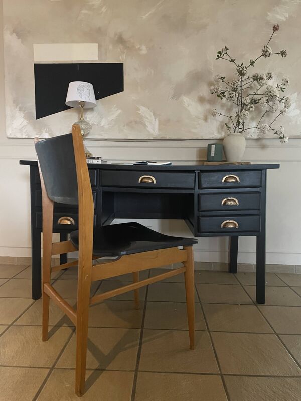 Chaise vintage Mid Century  assise noire