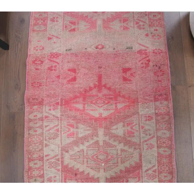 1970s Turkish Hand-Knotted Wool Cotton Pink Runner 88x334