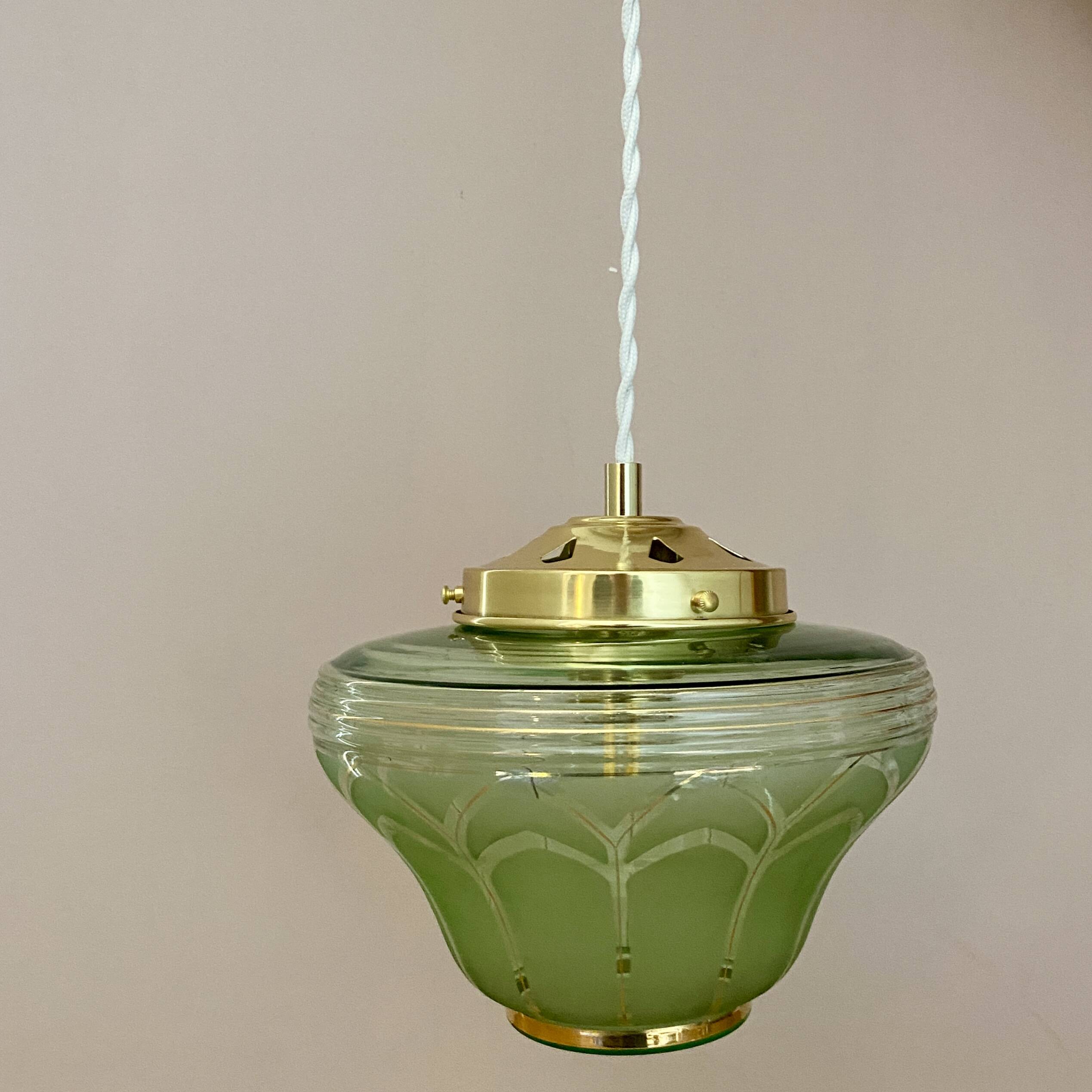 Vintage art deco globe pendant light in green and gold frosted glass