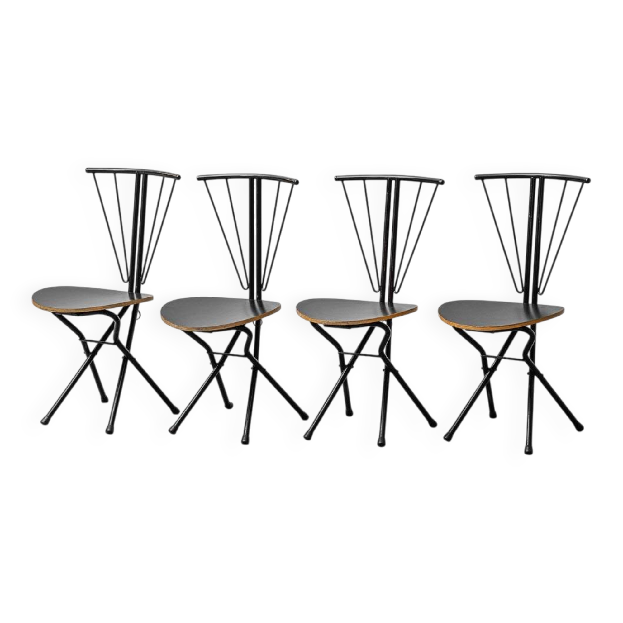 Set of 4 folding chairs in metal and wood, 1970s vintage