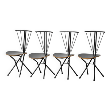 Set of 4 folding chairs in metal and wood, 1970s vintage