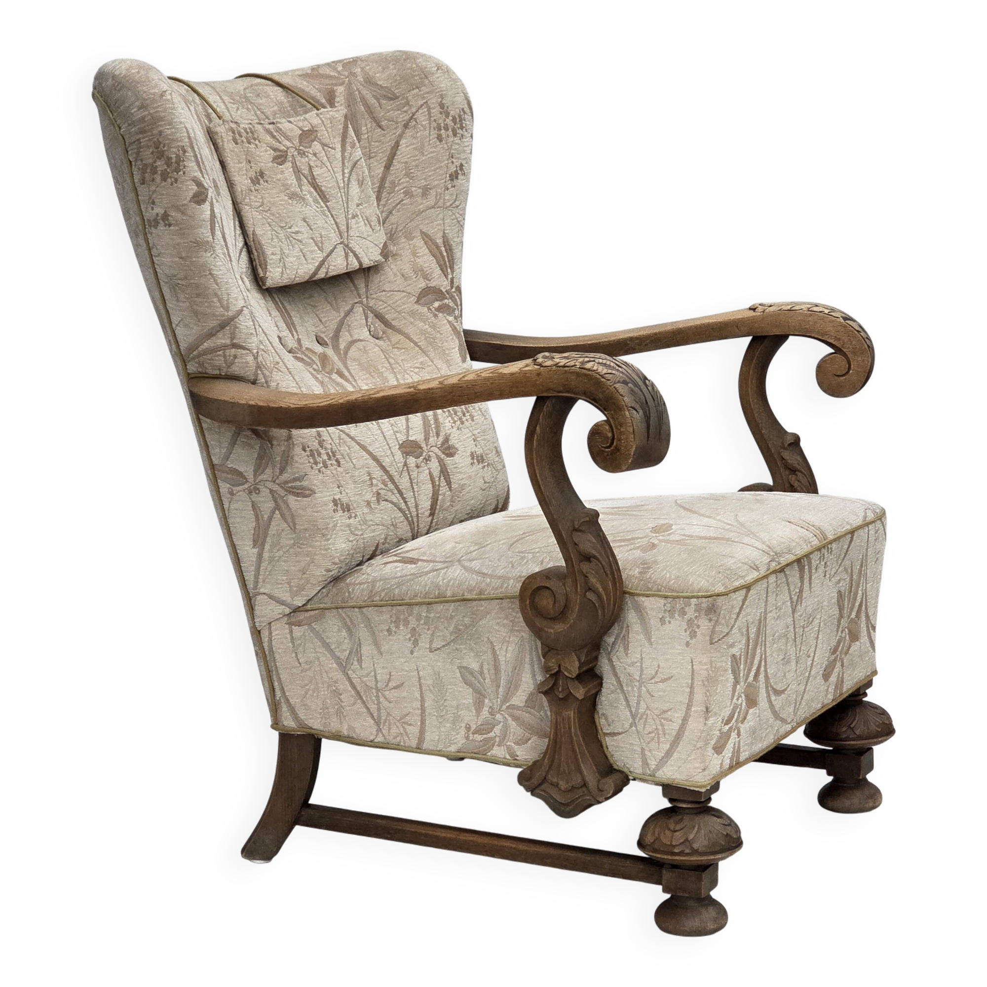 1960s, Danish armchair, beige/brown furniture fabric, carved oak wood.