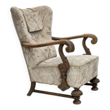 1960s, Danish armchair, beige/brown furniture fabric, carved oak wood.