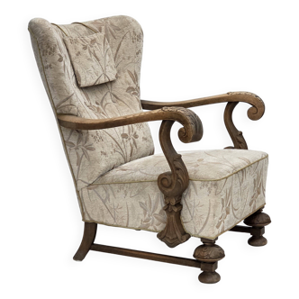 1960s, Danish armchair, beige/brown furniture fabric, carved oak wood.