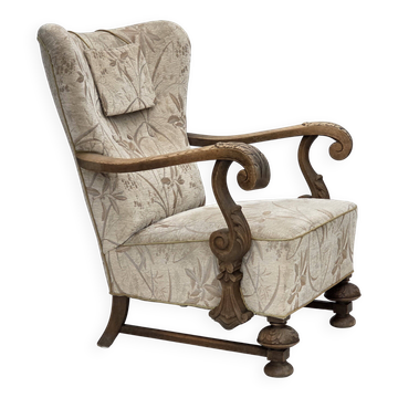 Fauteuil danois des années 1960, tissu en meuble beige/marron, bois de chêne sculpté.