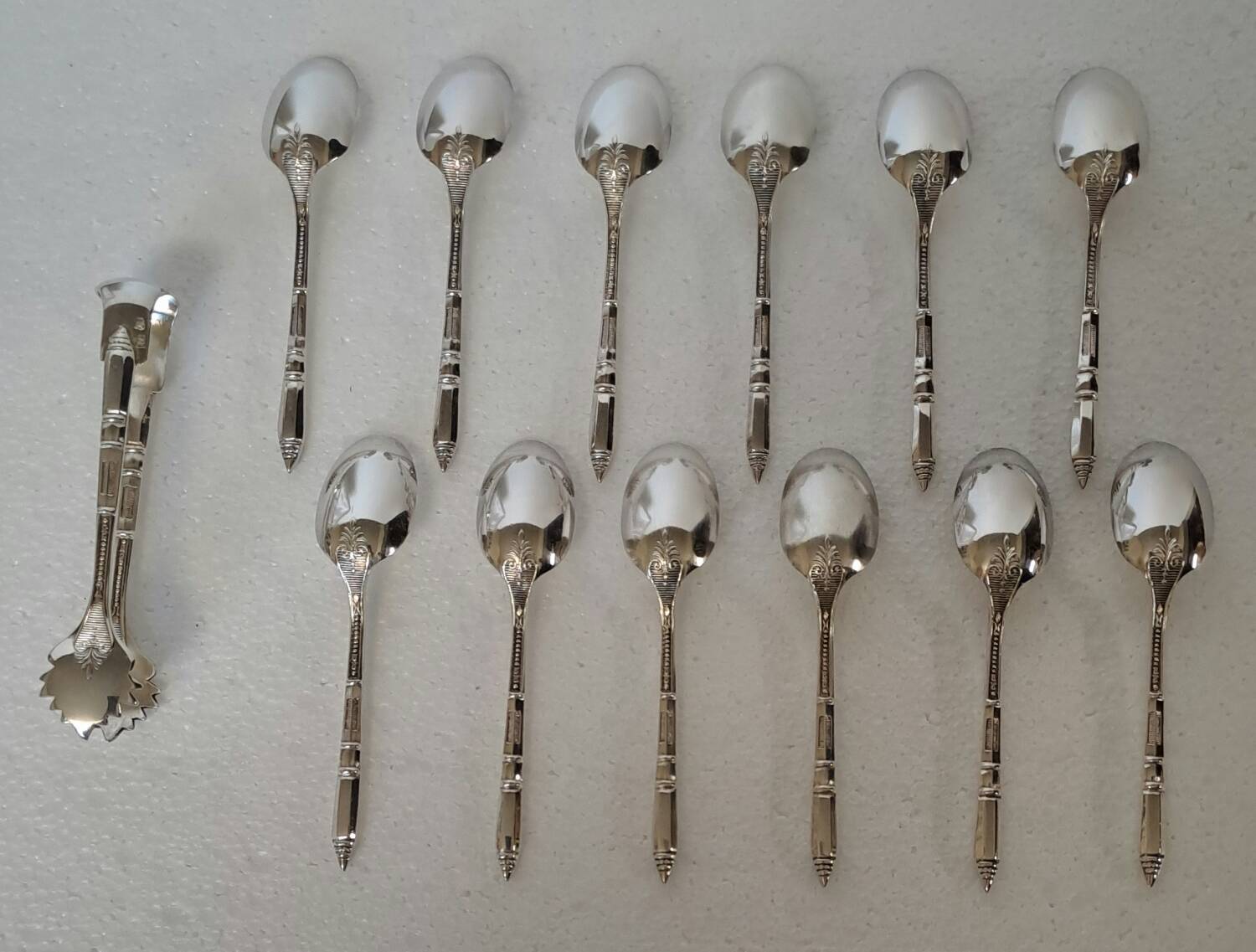 Box of 12 mocha spoons and 1 sugar tongs Ercuis silver metal