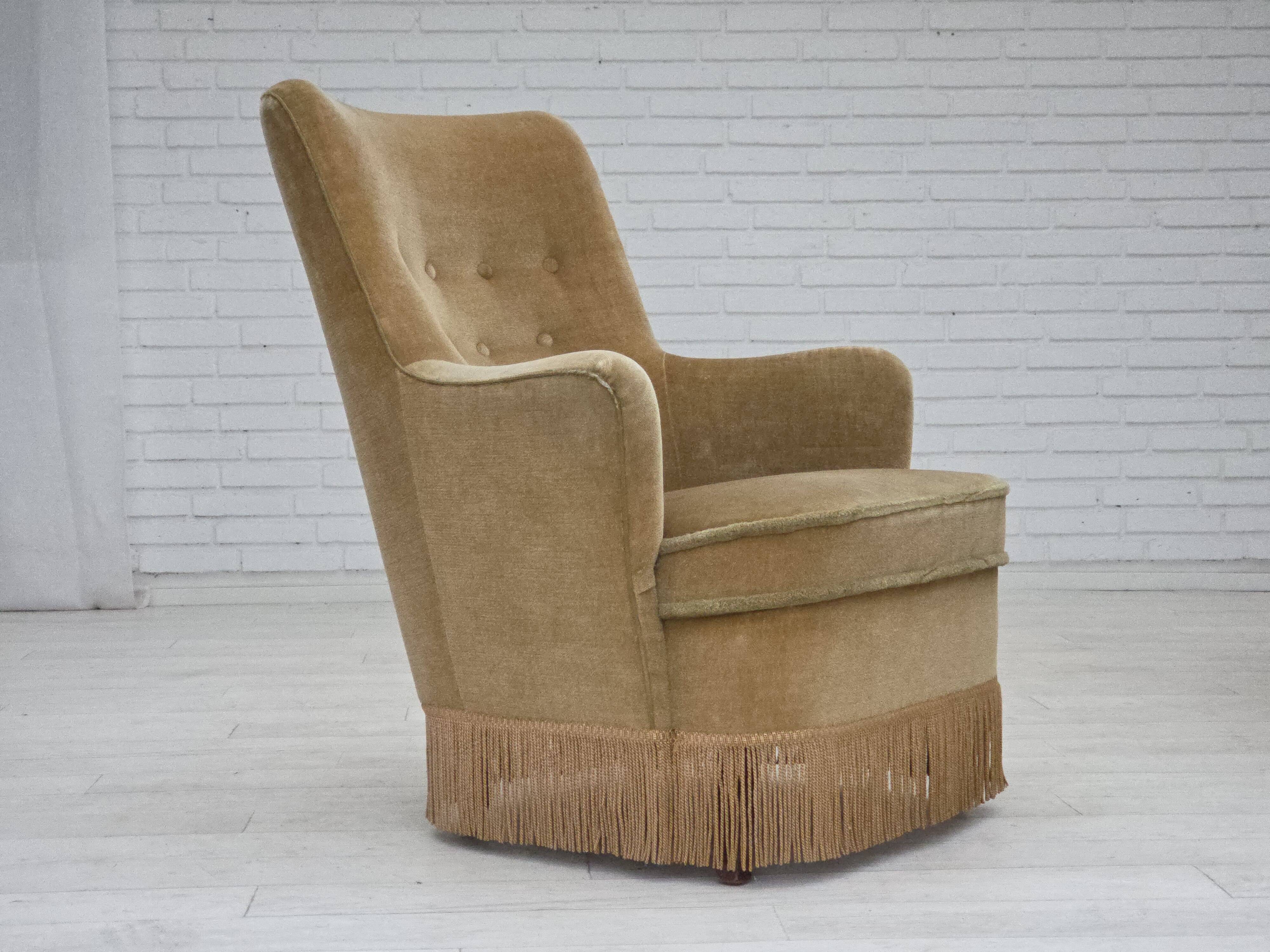 1970s, Danish armchair., original light green furniture velour.