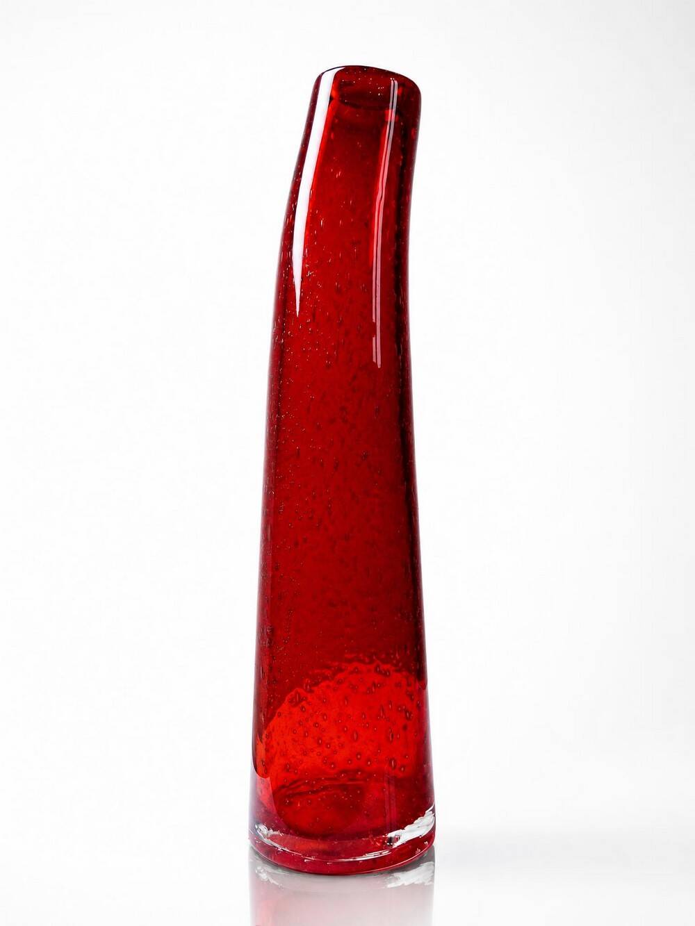 Red blown glass bubble tube vase in Murano style, vintage 80s-90s.