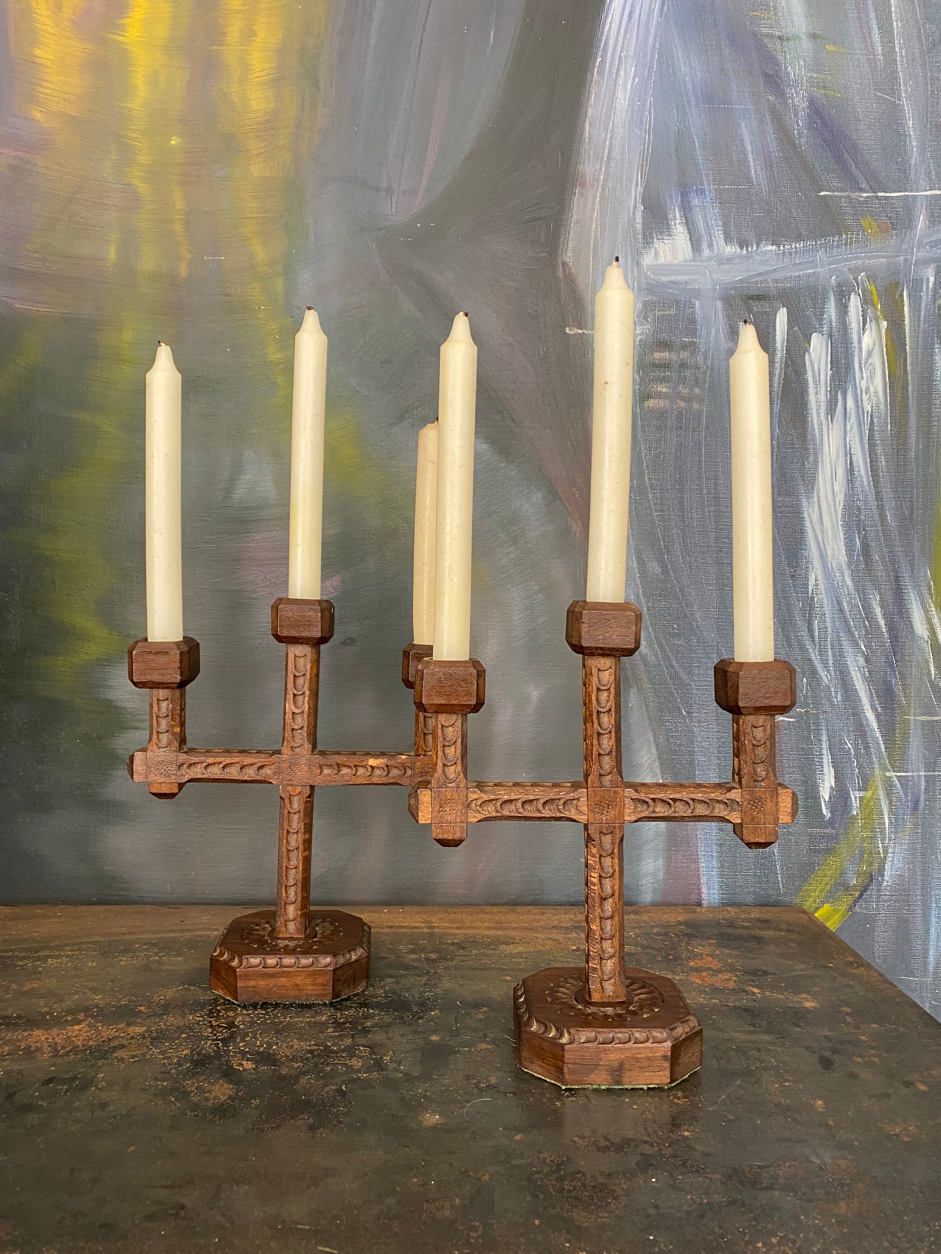 Paire de candélabres bois vintage