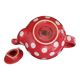 Pretty round English teapot with red polka dots.
