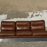 Salon complet en aluminium brossé et cuir marron, France 1970