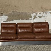 Complete vintage living room set, brushed aluminum and brown leather, France, 1970