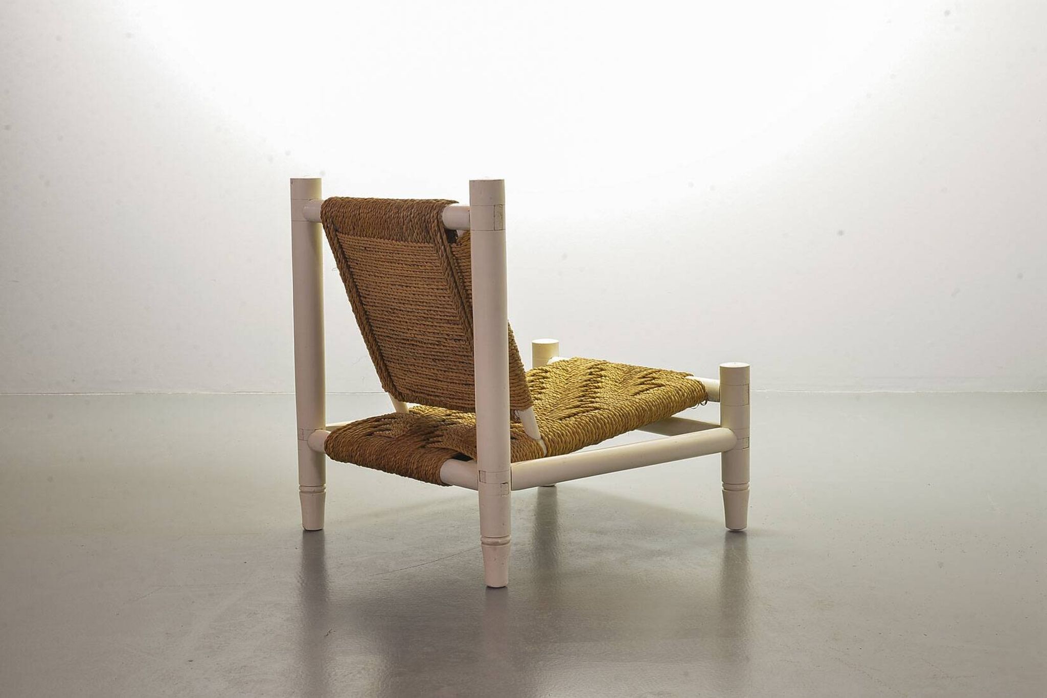 Charlotte Perriand Style Low Seat White Wicker Oak Lounge Chair and Stool
