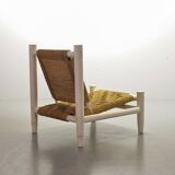 Charlotte Perriand Style Low Seat White Wicker Oak Lounge Chair and Stool