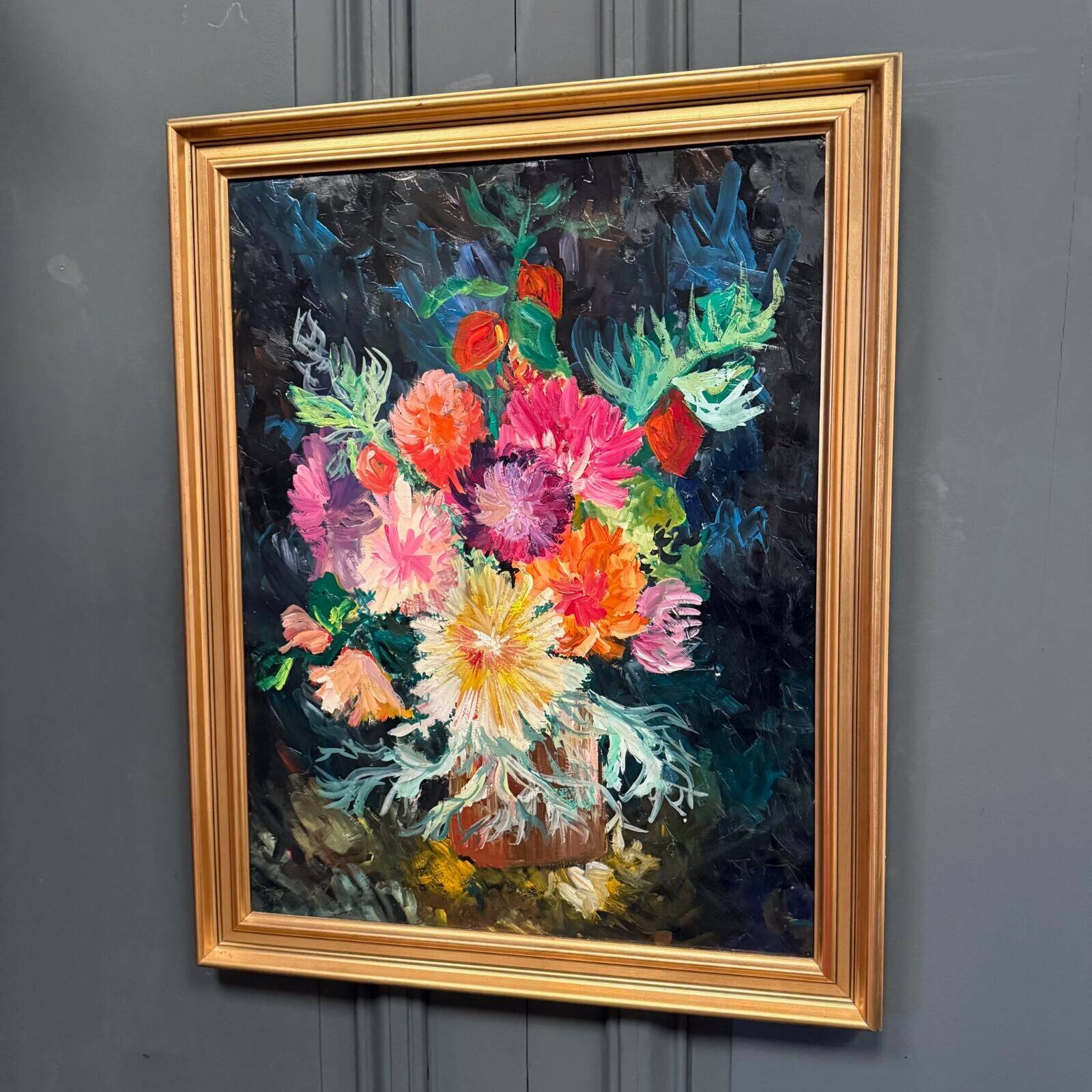 Oil on cardboard still life bouquet of flowers 1960