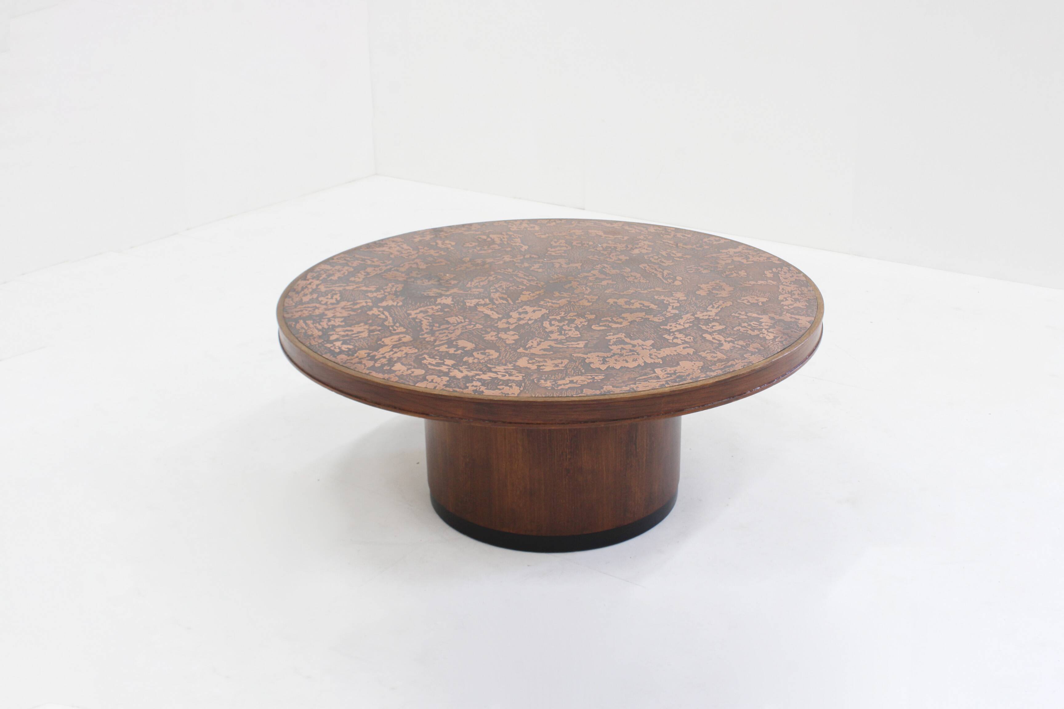 Vintage brutalist copper and wood round coffee table 1970s