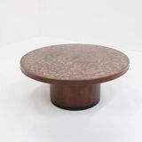 Vintage brutalist copper and wood round coffee table 1970s