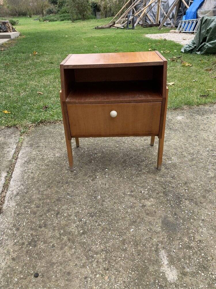 Mid-century brown mahogany bedside table Varia (1950s) with niche and door.