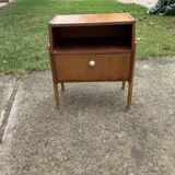 Mid-century brown mahogany bedside table Varia (1950s) with niche and door.