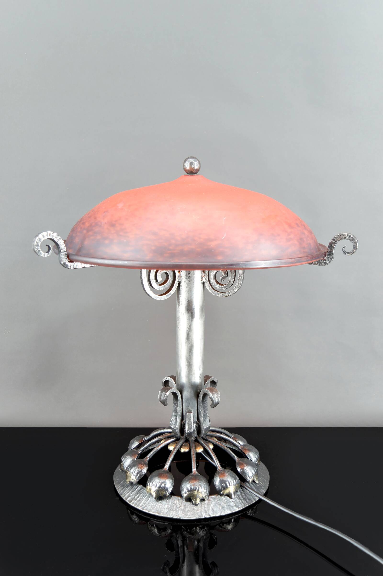 Important Stylized Wrought Iron Lamp with Glass Dome, c. 1930