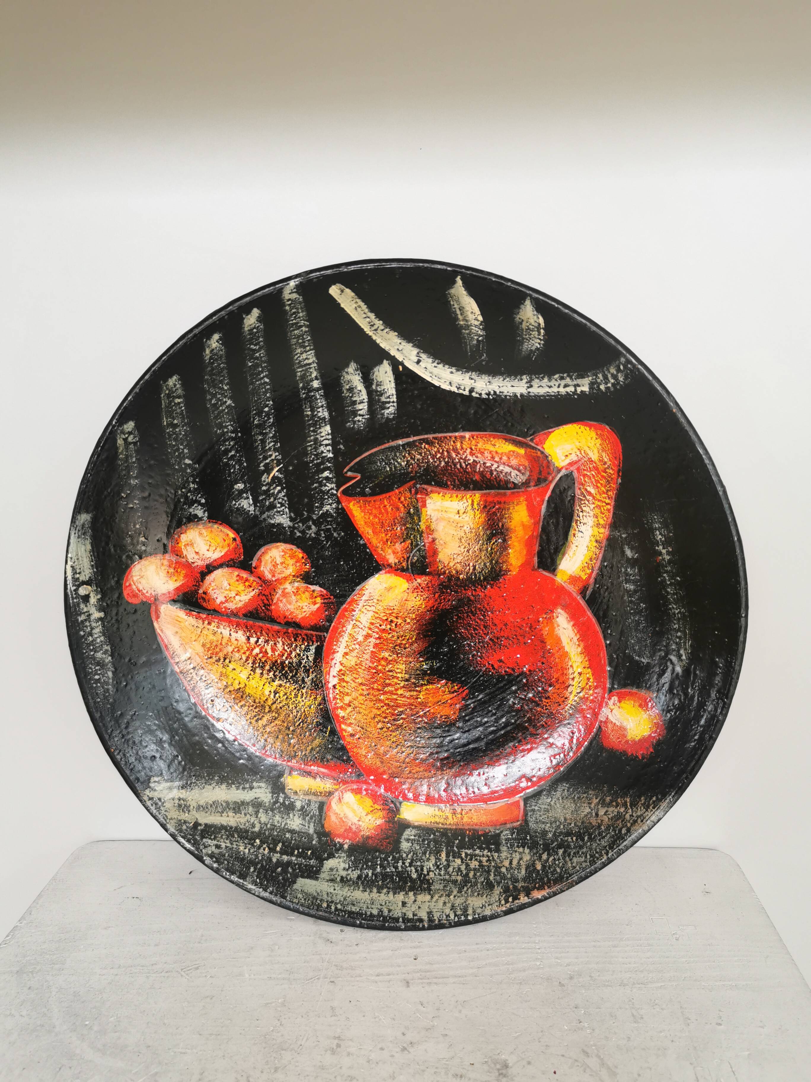 Vintage Hand-Painted Clay Wall Plate: 1970s Yugoslavia Still Life Decor