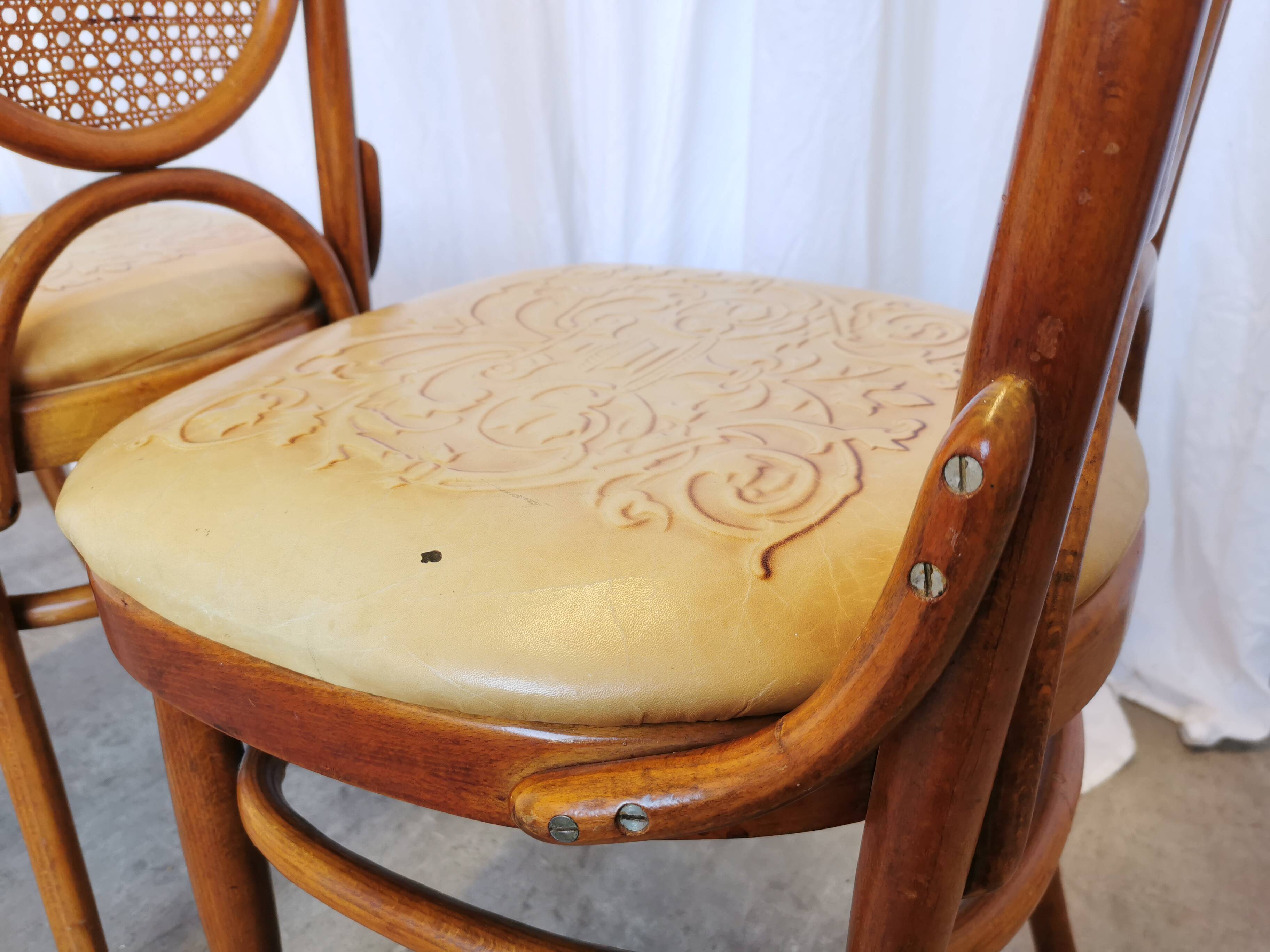 Set of 4 Vintage Bentwood Dining Chairs: Cane Back, Leather Seat, Thonet St