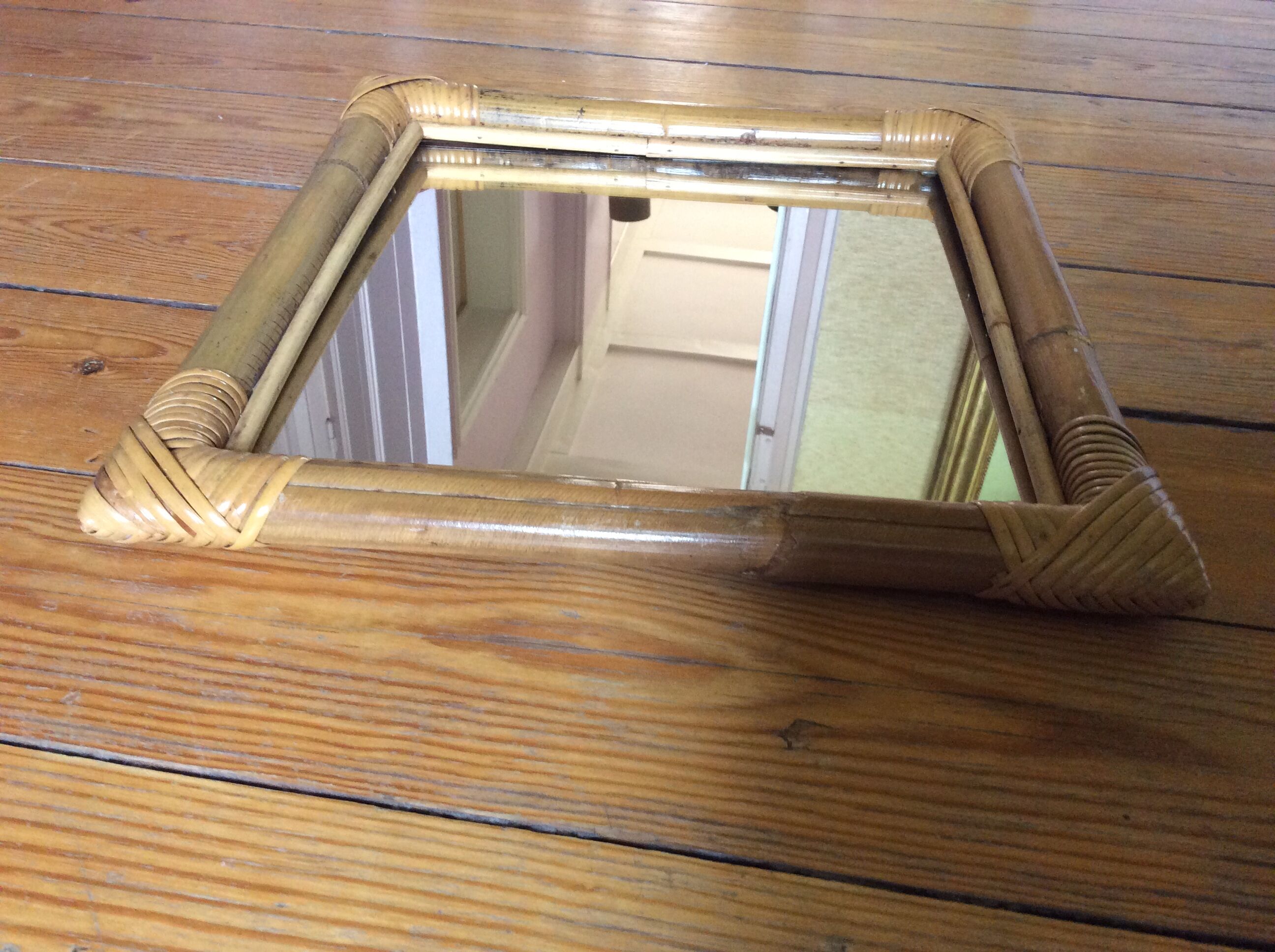 Vintage rattan square mirror