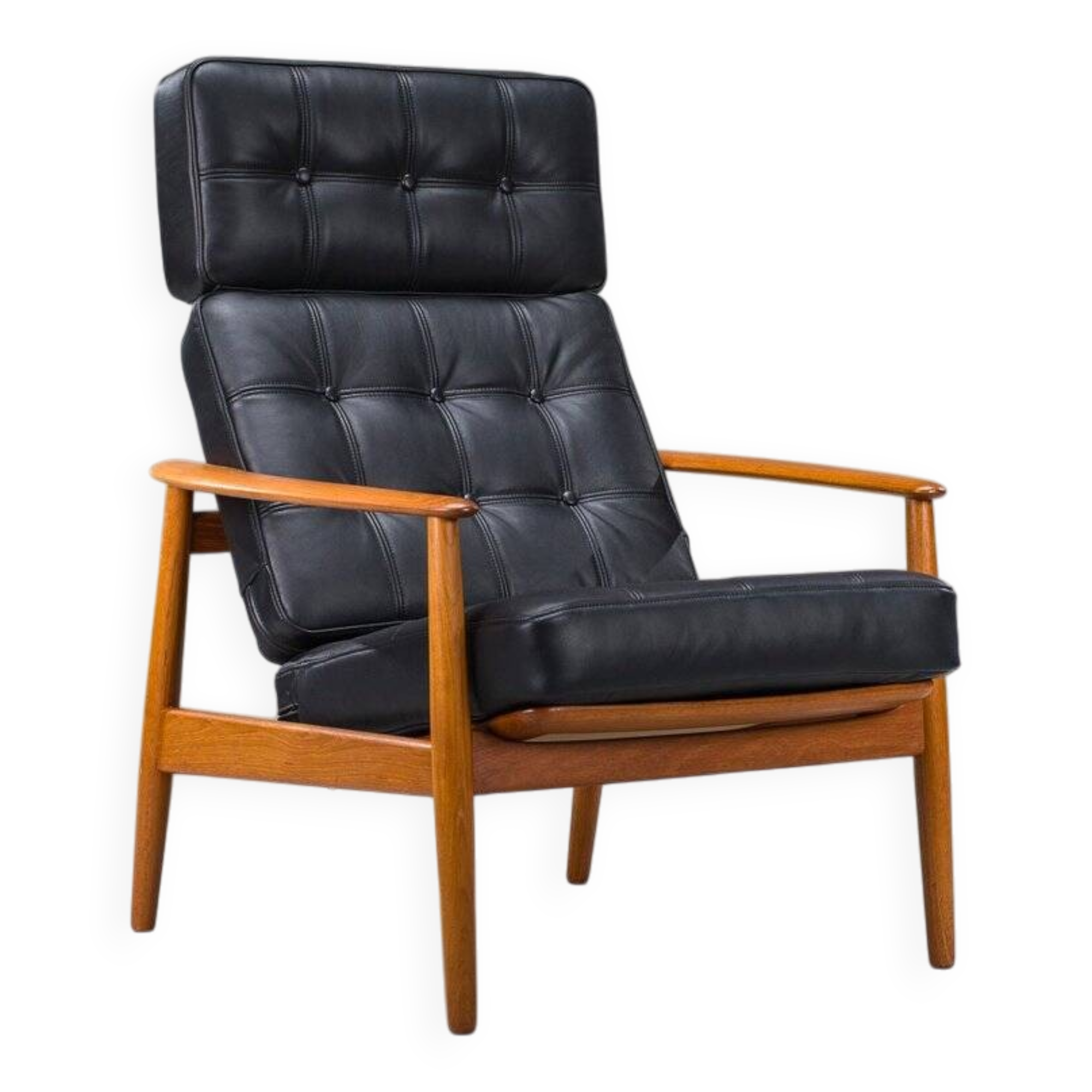 Armchair with Model FD 164 frame by Arne Vodder and Model 118 armrests by Grete Jalk in teak and black leather, Denmark, 1960s
