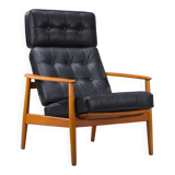 Armchair with Model FD 164 frame by Arne Vodder and Model 118 armrests by Grete Jalk in teak and black leather, Denmark, 1960s